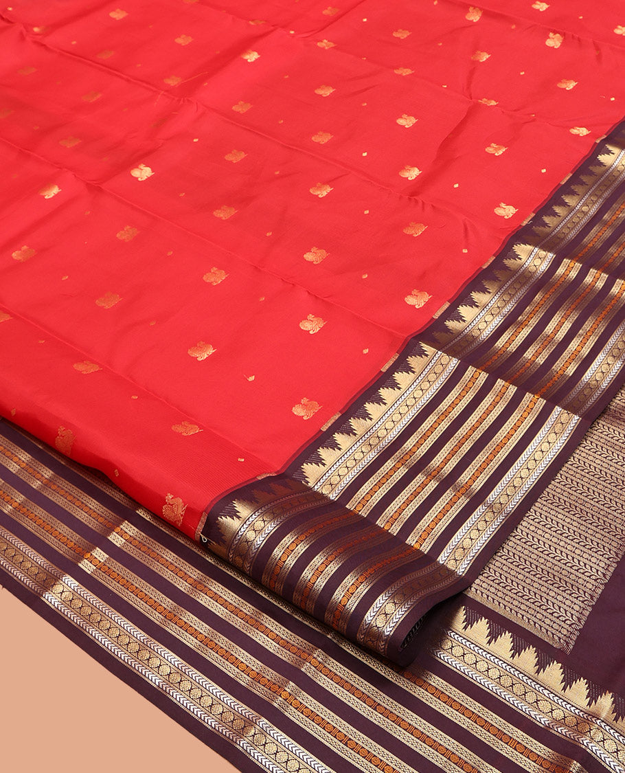 Red Mayil Buttas Vasundhara Lite-Silk Mix Saree, Complemented by a Contrast Temple Border of Kathir, Kamalam, and Manga Designs, Grand Pallu, and a Contrast Blouse