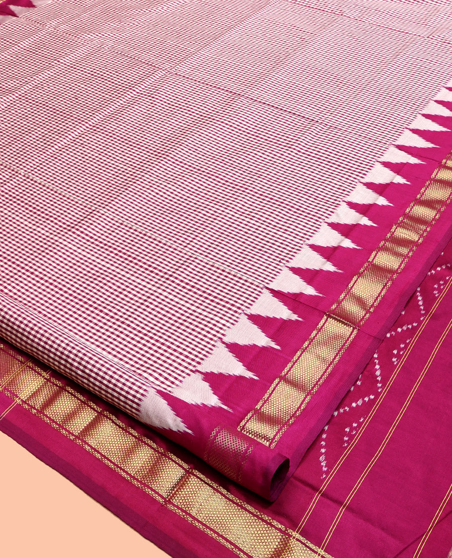 Pink Micro-Checked Pochampally Ikat Saree, a Contrast Temple Zari Border, Ikat-Style Jaal Pallu, and a Contrast Blouse