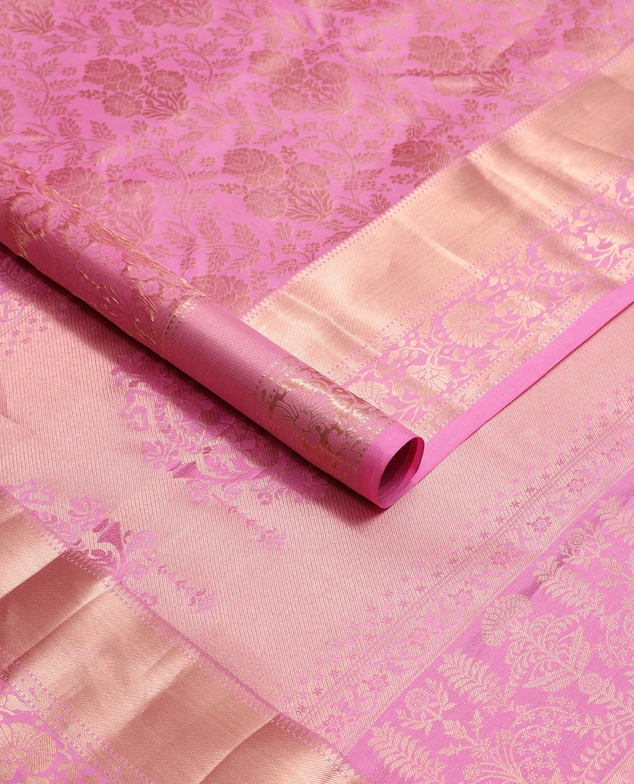 Ligth pink floral jacquard kancheepuram silk saree with self border of rekku, muthu, banaras, kodi visiry design & zari design pallu