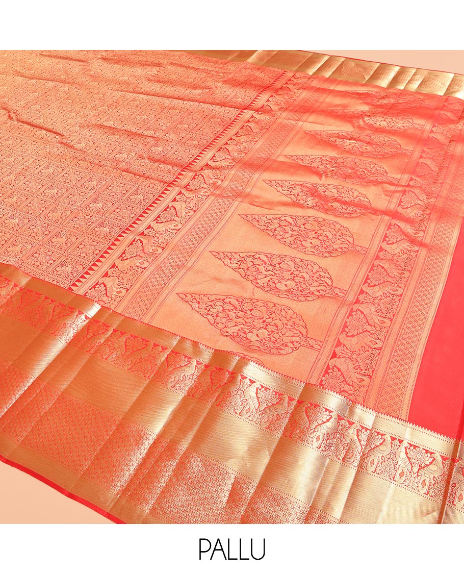 Red Kanchipuram Wedding Silk Saree, Opulently Embellished with Jacquard Design, a Zari Border of Rekku, Muthu, Kili and Jaal Designs, Grand Pallu, and a Matching Blouse