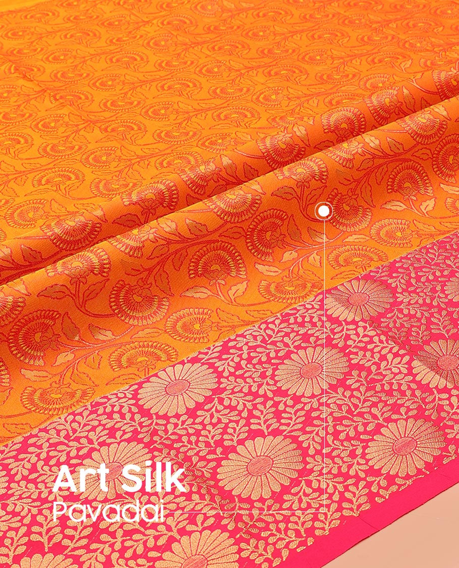 Orange Art Silk Pavadai Material Set, Enthralled with Floral Jaal Design on Its Skirt, Complemented by a Contrast Floral Zari Design Border, and Paired with a Contrast Blouse