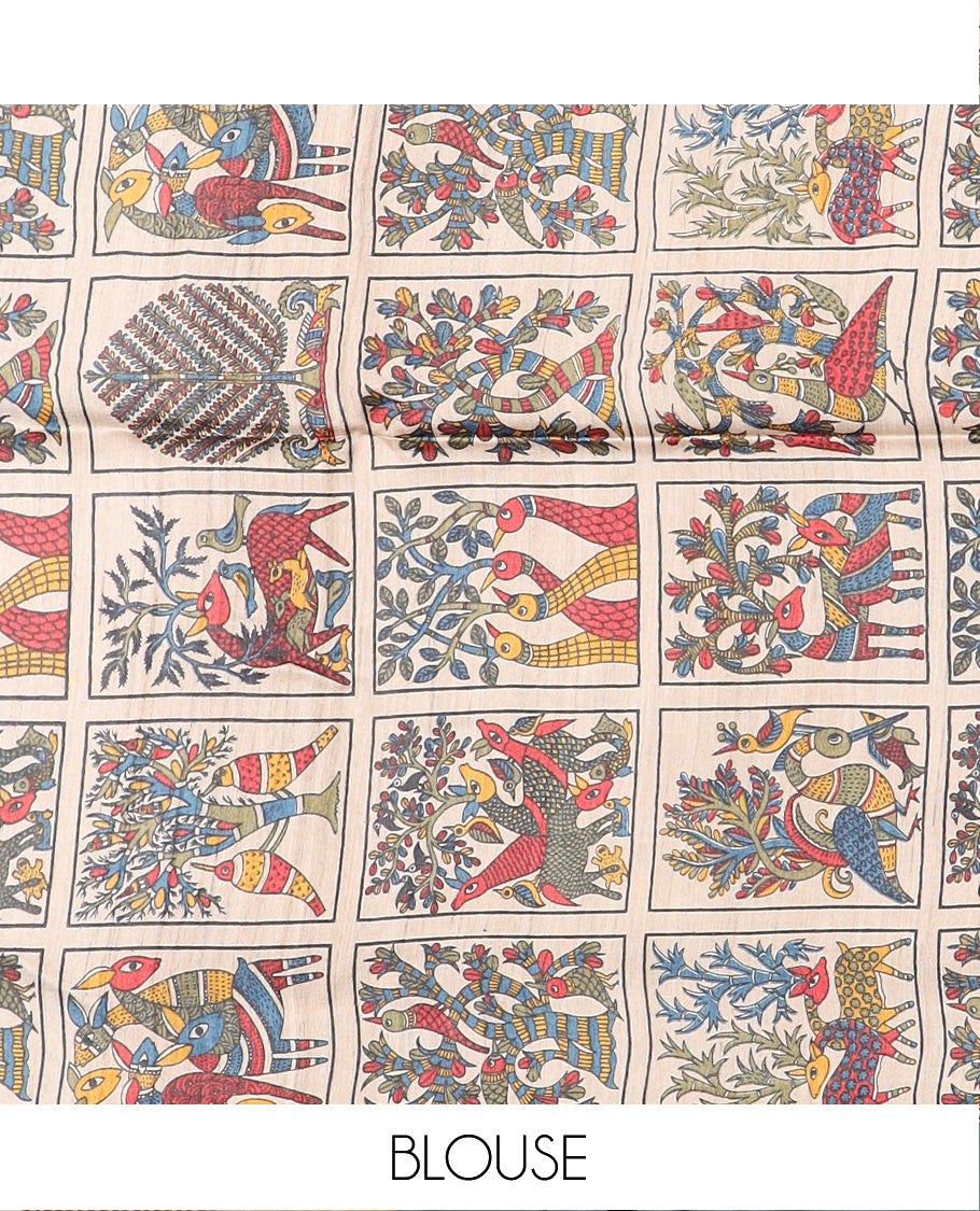 Blue striped and Madhubani-style tussar saree, zari striped border, and pallu of stripes and Madhubani print