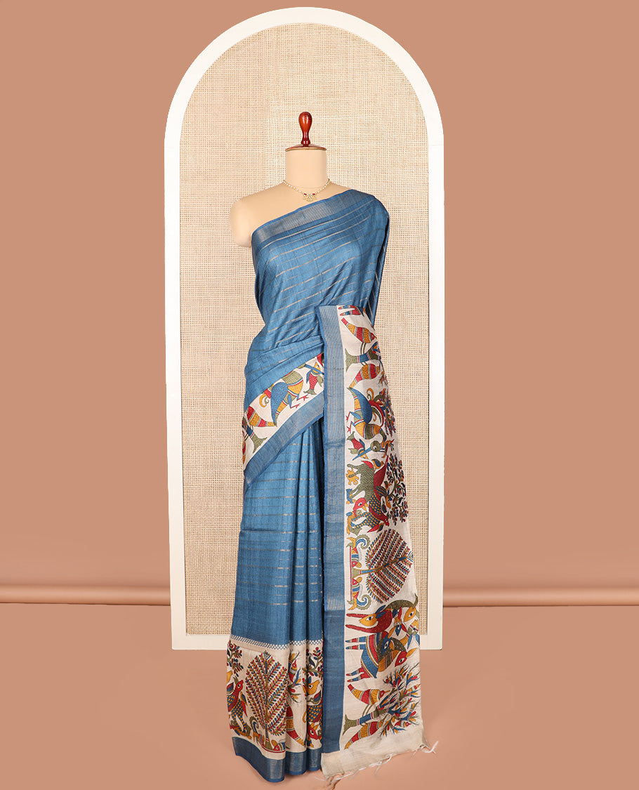 Blue striped and Madhubani-style tussar saree, zari striped border, and pallu of stripes and Madhubani print