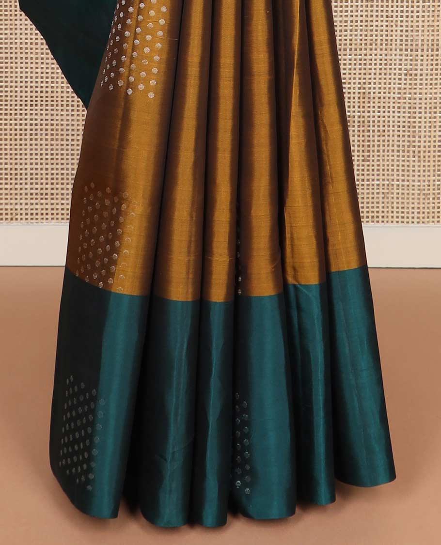 Mustard zari buttas silk mix saree, contrast zari buttas border & zari-rich geometric patterned pallu