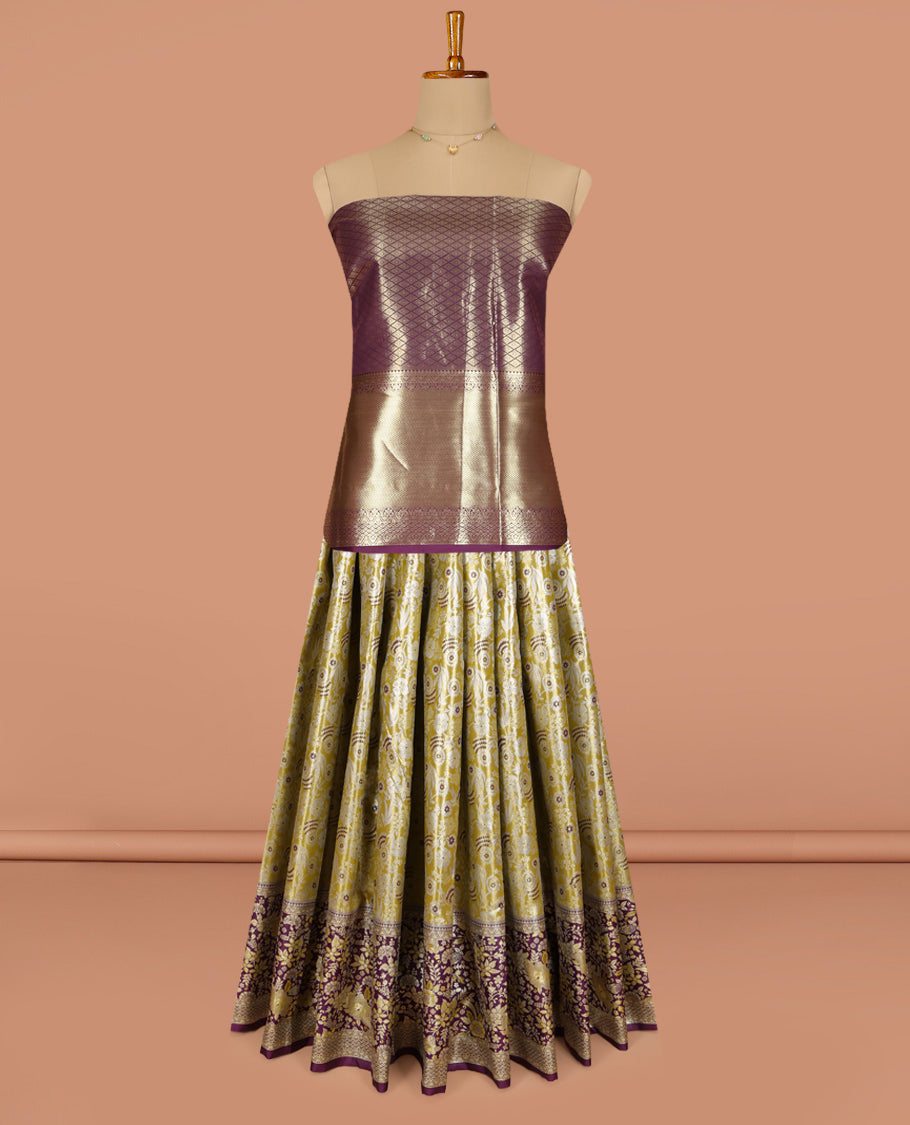 Green Art Silk Pavadai Material, Bedecked with Jacquard Design, Contrast Floral Zari Design Border, and Comes with a Contrast Blouse