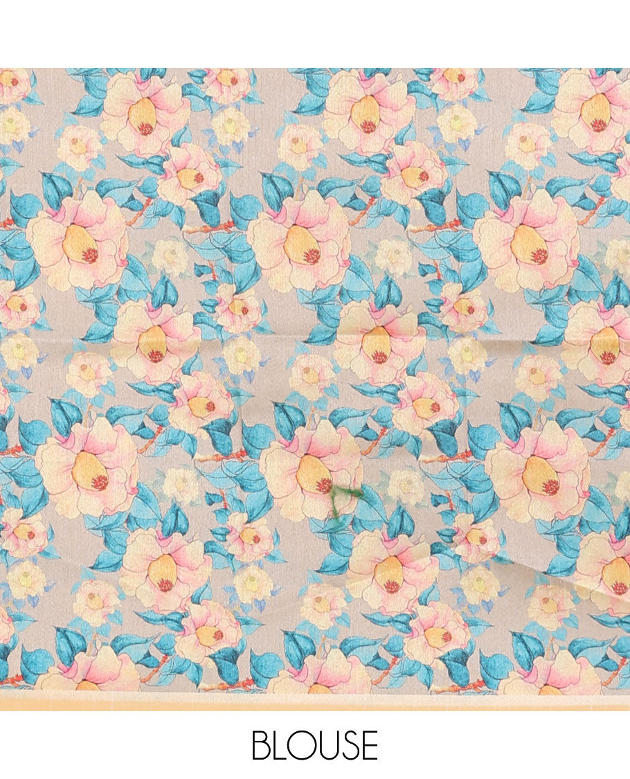 Borderless blue kamala silk saree with contrast floral design blouse
