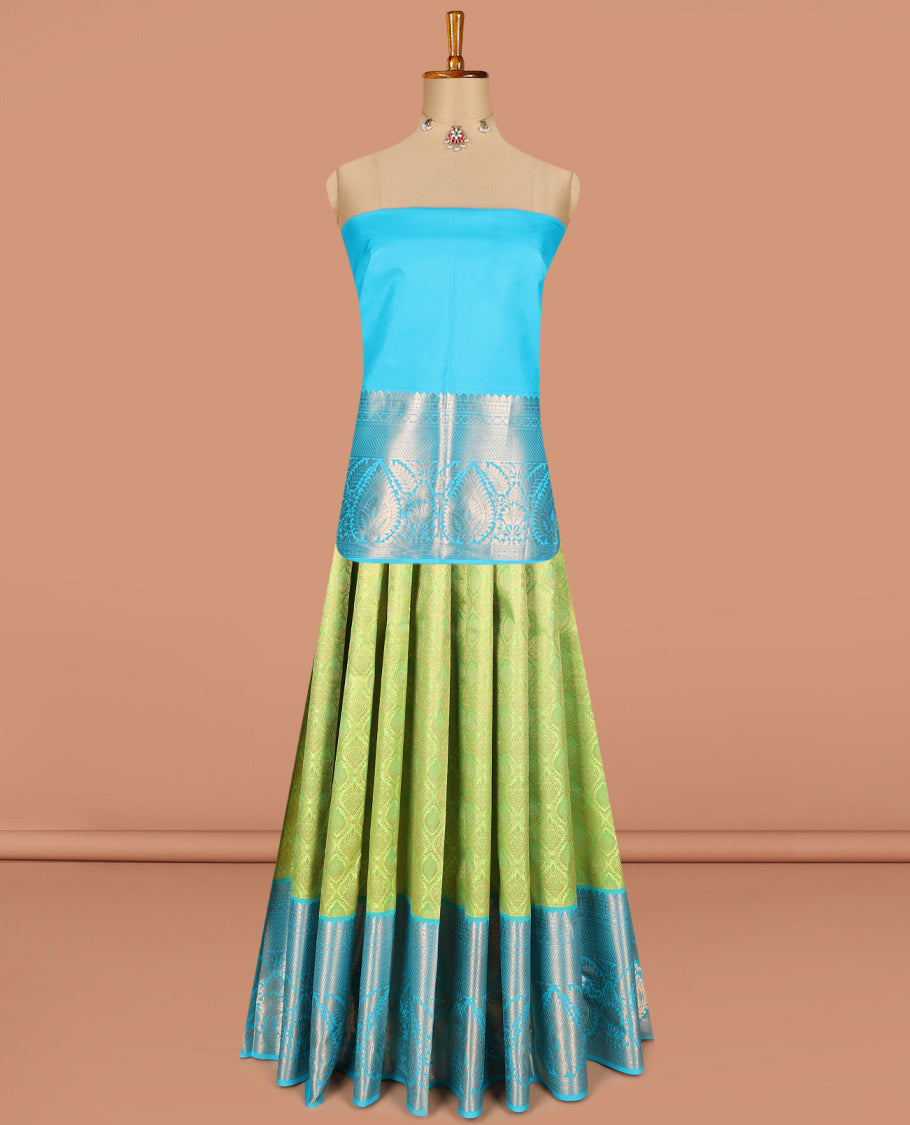Green pure-silk half saree, jacquard with contrast traditional zari bordered skirt, blouse of thilakam mokku,poun, vanki, and thilakam designs , and zari design dhavani