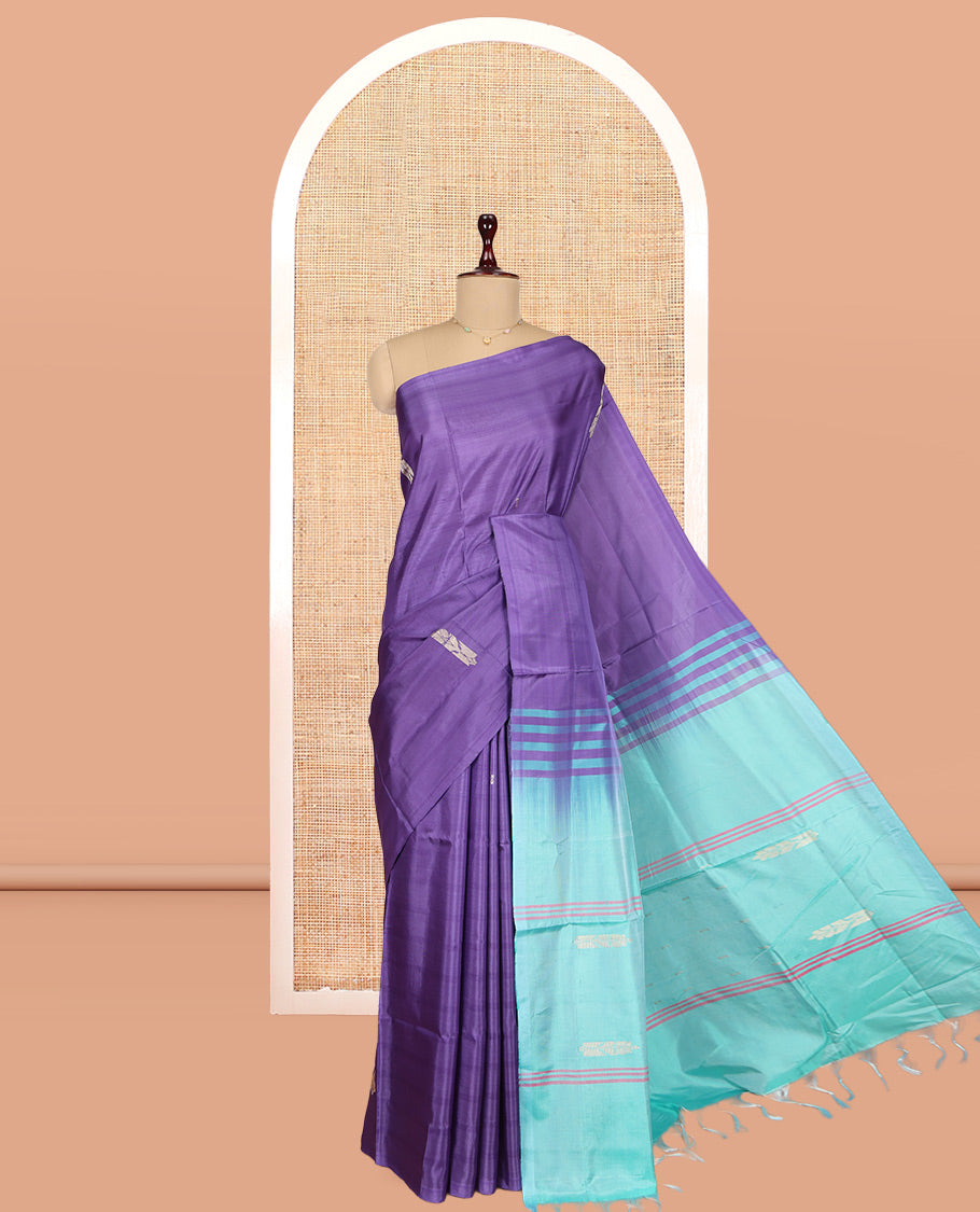Borderless Violet Banana Pith Saree, Woven with Buttas, Complemented by a Contrast Pallu of Stripes and Buttas, and a Contrast Blouse