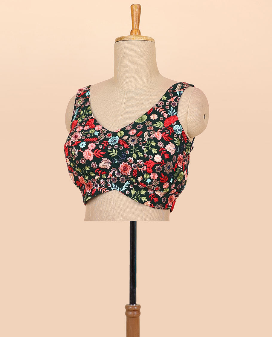 Dark green floral embroidered front & back deep v-neck raw-silk readymade sleeveless blouse