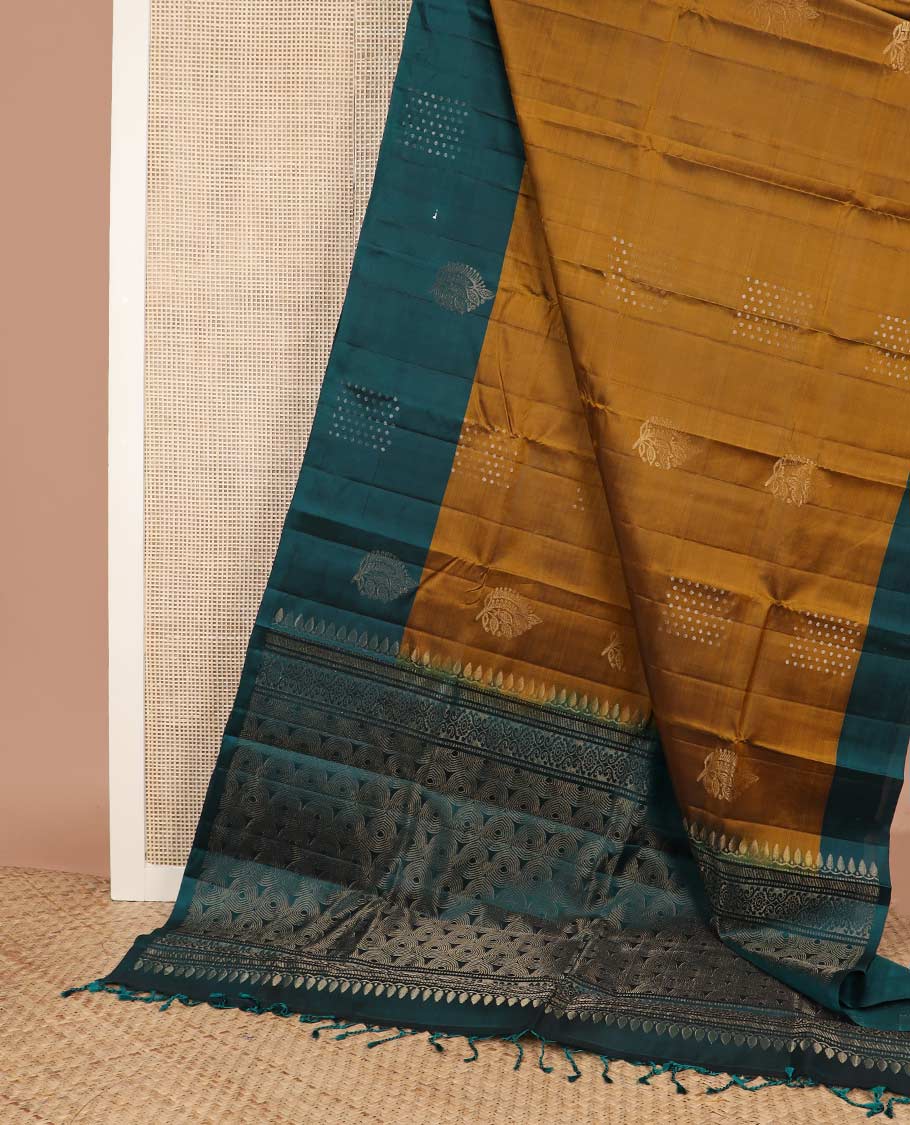 Mustard zari buttas silk mix saree, contrast zari buttas border & zari-rich geometric patterned pallu