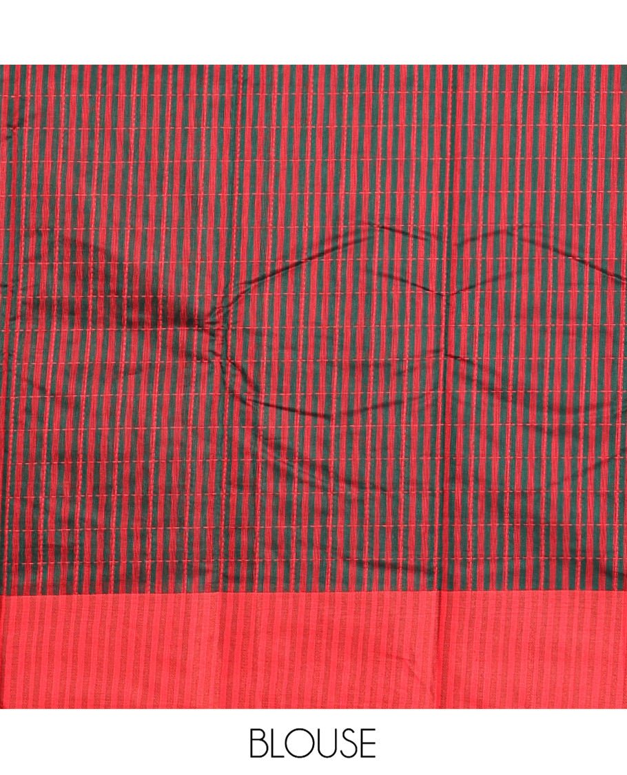 Dark Green Semi-Silk Cotton Saree, Subtly Sparkled with Checks All Over Its Body, Complemented by a Contrast Border, Striped Pallu, and Paired with a Matching Blouse