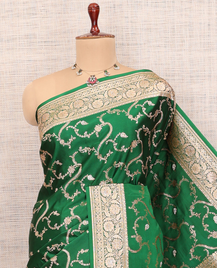Green Semi-Banaras Satin Silk Saree