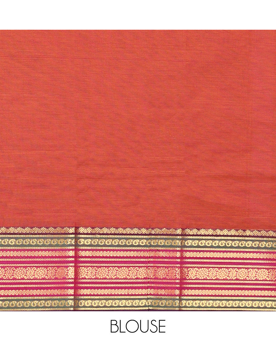 Orange Plain Chettinad Cotton Saree, Complemented by a Contrast Traditional Zari Design Border, Pallu of Stripes, and Paired with a Matching Blouse