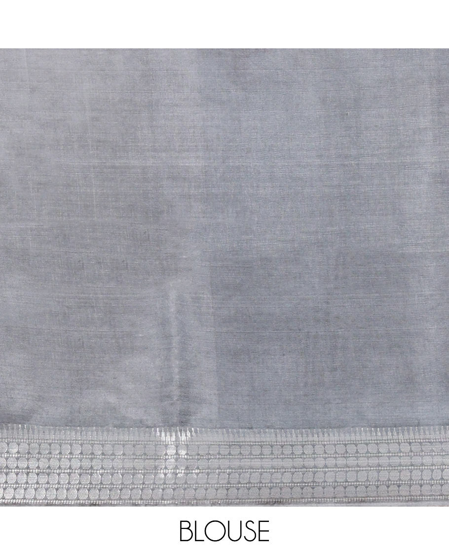 Grey Banana Pith Saree, Subtly Sparkled with Buttas All Over Its Body, Highlighted by Self-Border of Temple and Rudraksham Motifs, Pallu Steeped with Stripes and Buttas, and Paired with a Matching Blouse