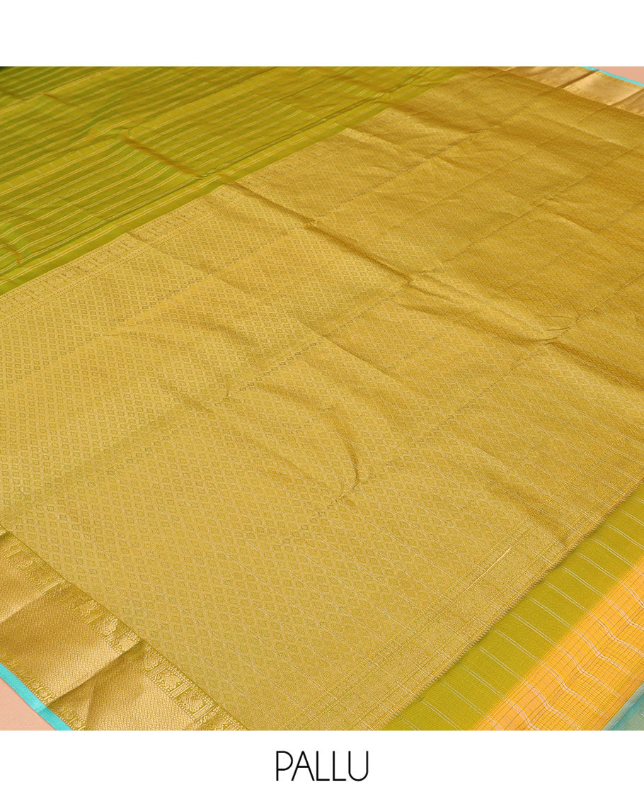 Green Vasundhara Silk Saree, Woven with Zari Checks, a Zari Border of Mayil, Kuthirai, Muthu, Mayil Kann and Rudraksham Designs, Grand Pallu, and a Contrast Blouse