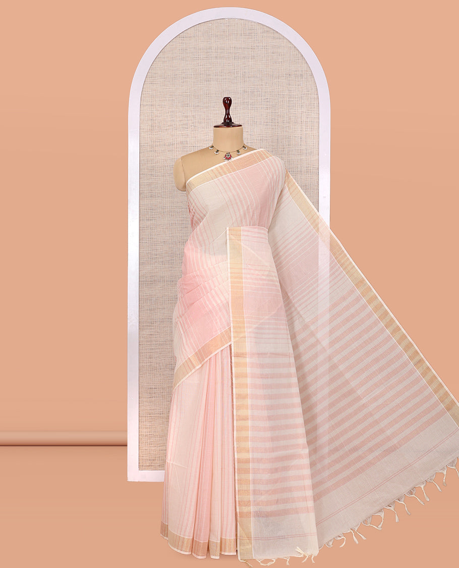 Cream-Pale Pink Jute Cotton Saree