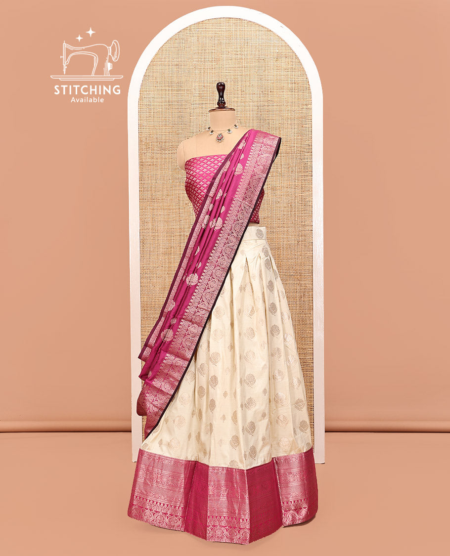 Cream-Magenta Art Silk Half Saree, Embellished with Zari Buttas Skirt, Contrast Traditional Border, Jacquard Blouse, and a Contrast Banaras Dhavani