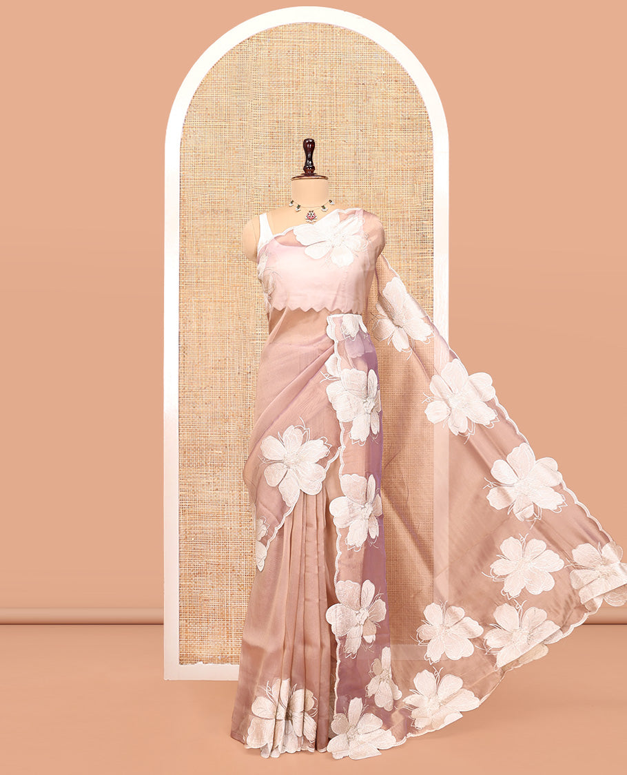 Pale Brown Plain Organza Saree, a Scalloped Floral Thread Embroidery Border, and a Matching Embroidered Blouse