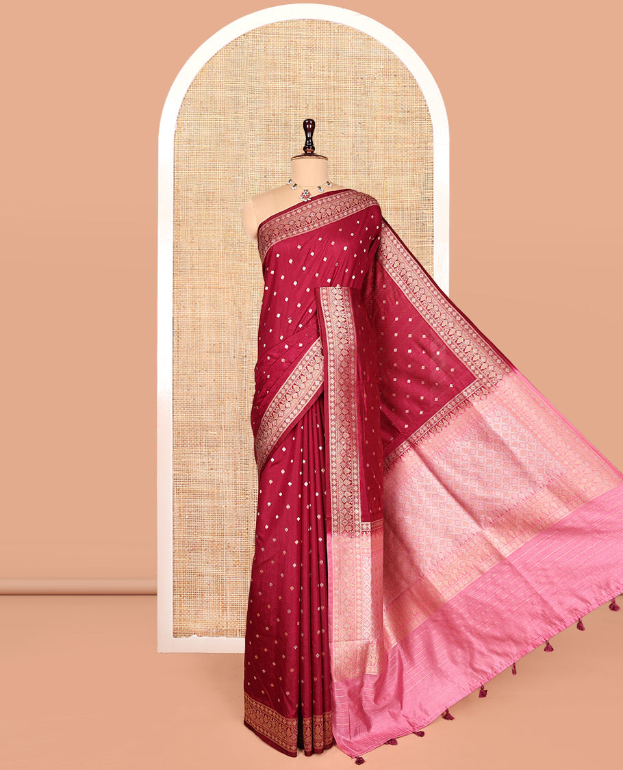 Red Matka Silk Saree, Detailed with Buttas on Its Body, Highlighted by a Geometric Patterned Border, Complemented by a Contrast Pallu of Jaal Designs, and Paired with a Contrast Blouse