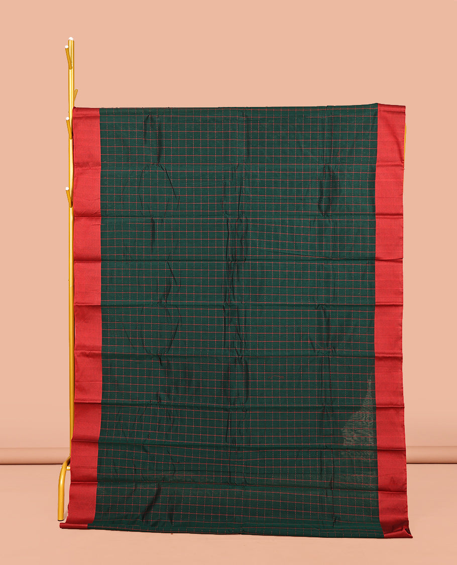 Dark Green Semi-Silk Cotton Saree, Subtly Sparkled with Checks All Over Its Body, Complemented by a Contrast Border, Striped Pallu, and Paired with a Matching Blouse