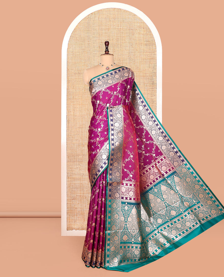 Purple Banarasi Nylon Saree, Gleamed Up with Jacquard, Contrast Floral Creeper Zari Border, Intricate Pallu, and a Contrast Blouse