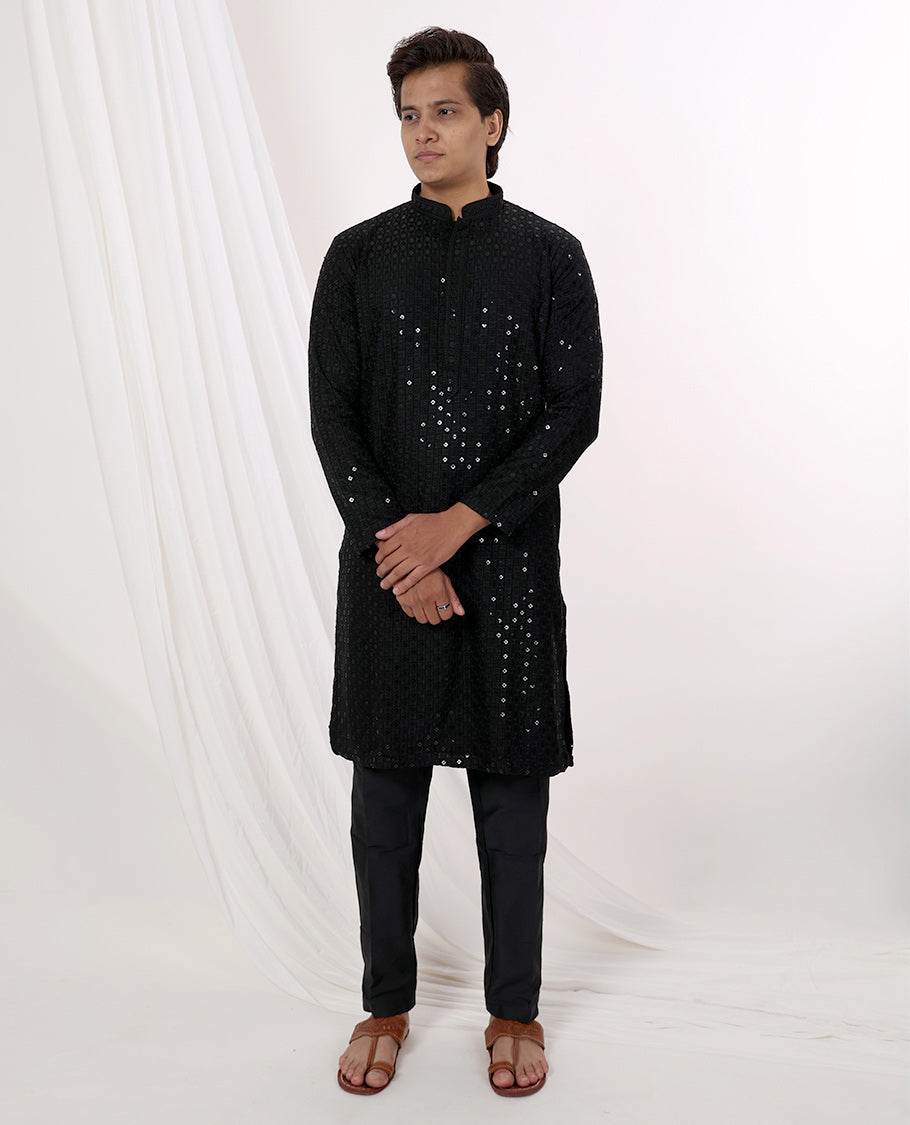 Black thread embroidery with sequins work mandarin collar & full-sleeve long raw silk kurta