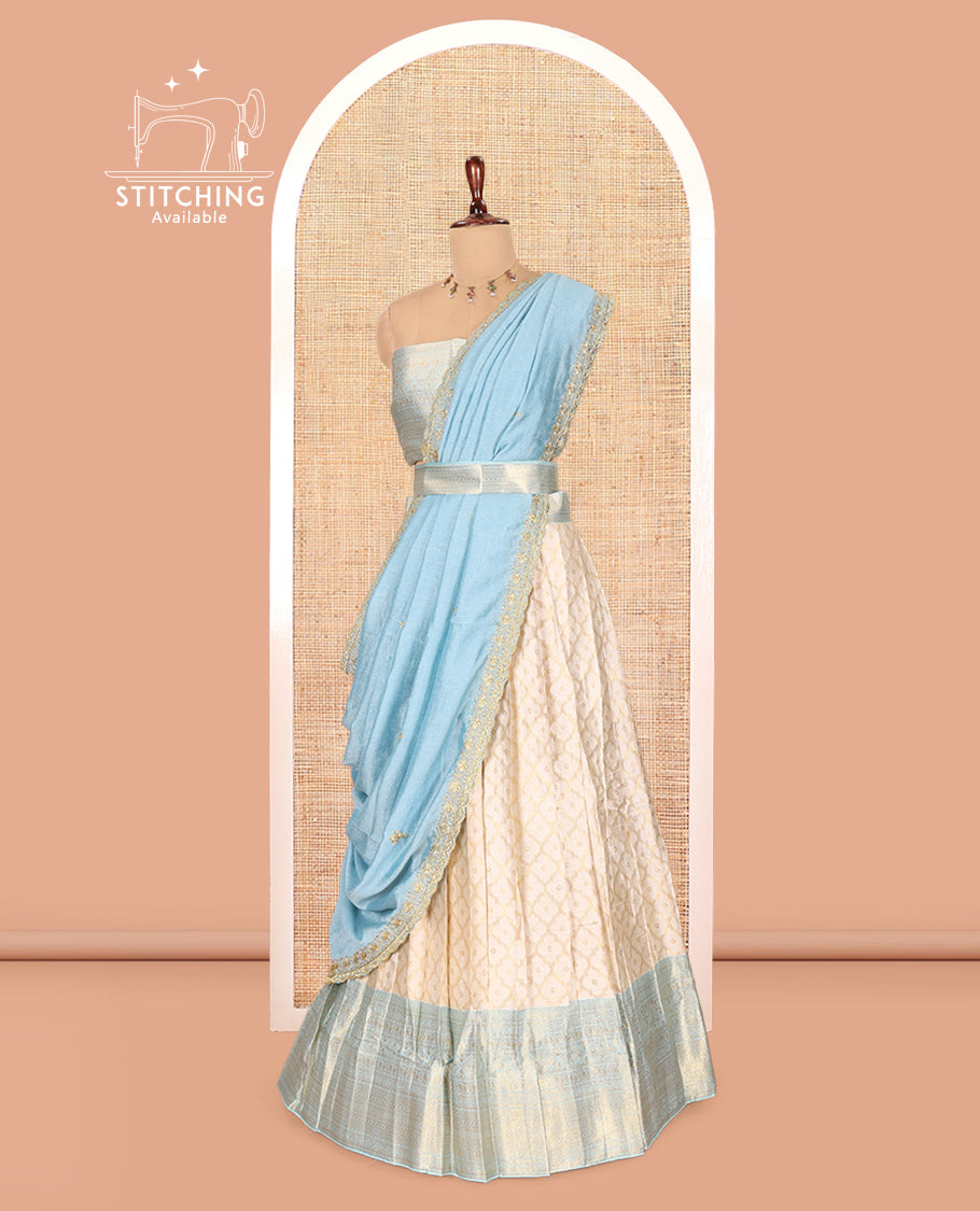 Cream-Sea Blue Semi-Silk Half-Saree