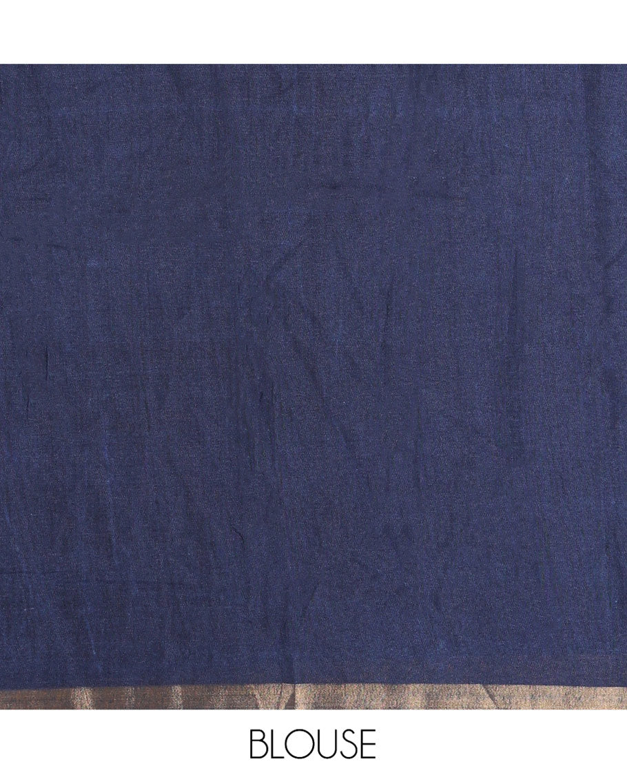 Indigo Blue Muslin Cotton Saree, Creatively Printed with Mughal-Themed Motifs on Its Body, a Subtle Geometric Printed Border, Striped Pallu, and Paired with a Matching Blouse