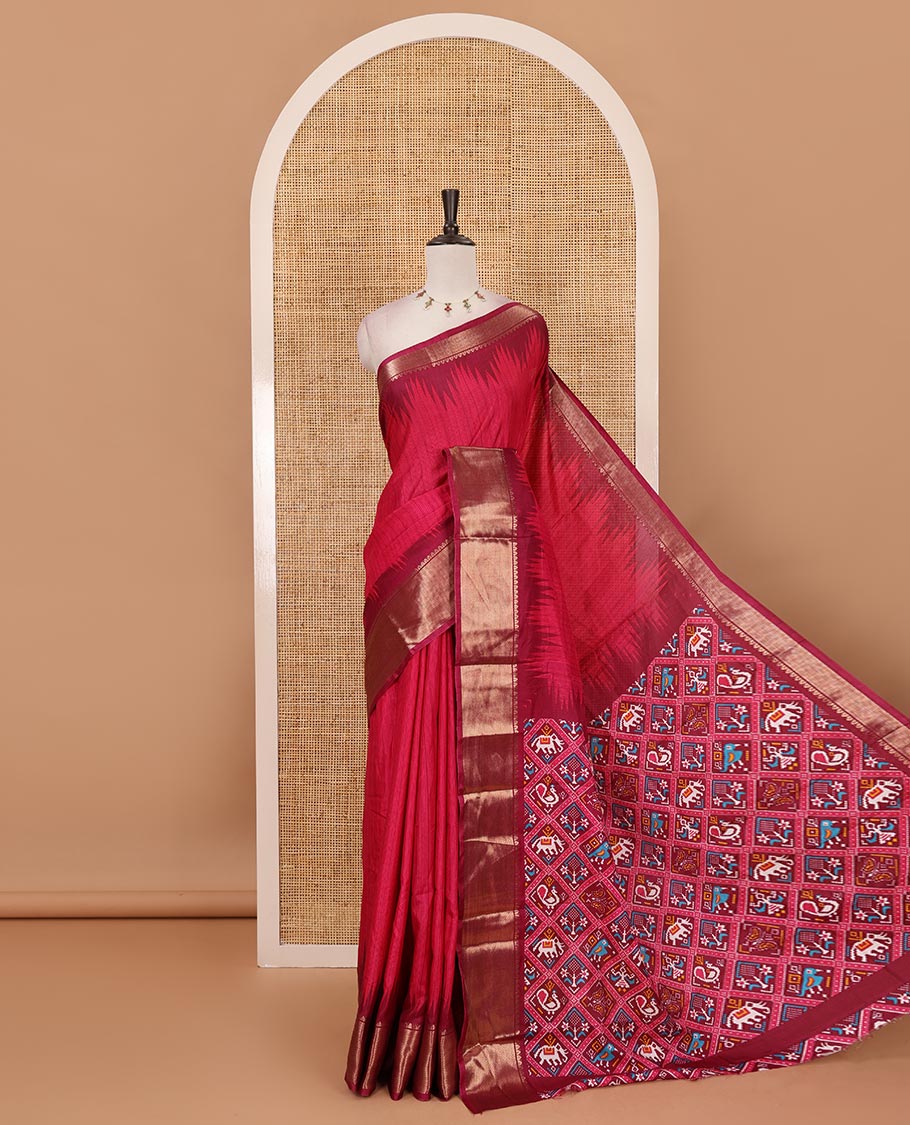 Pink striped dola-tussar saree, contrast temple zari border, patola animal motifs enclosed jaal printed pallu & patola printed blouse
