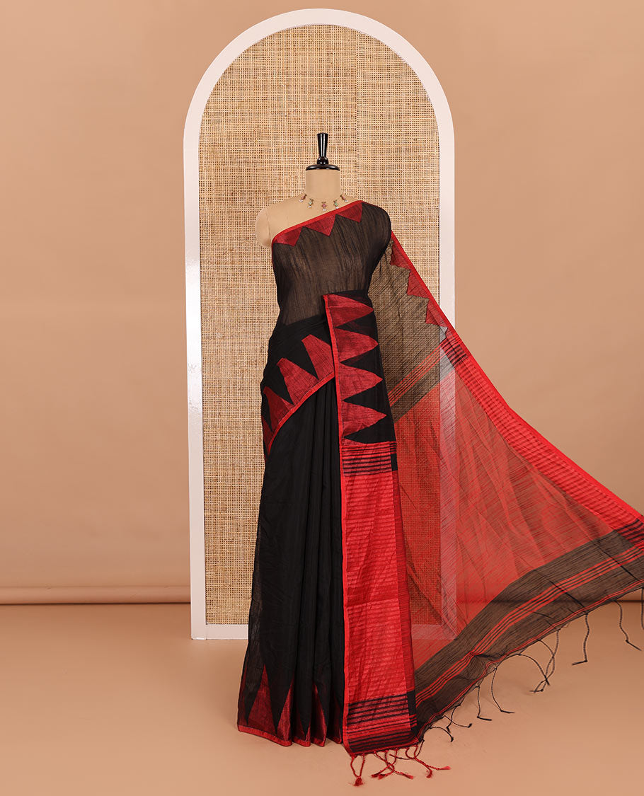 Black and red plain khadi mul cotton saree, contrast thread temple border, plain pallu, and a contrast plain blouse