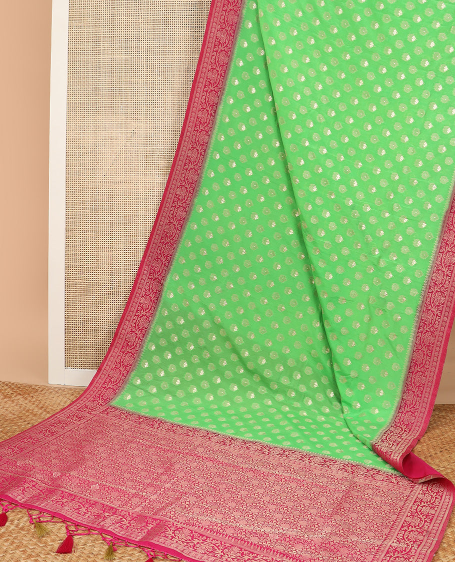 Green Semi banaras chiffon saree with buttas, contrast floral design border & intricately designed pallu