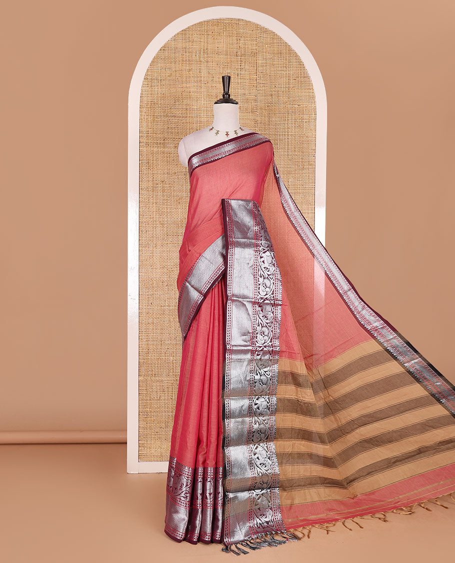 Pink plain mercerised cotton saree, contrast traditional zari border of elephant and peacock designs, striped pallu, and plain blouse
