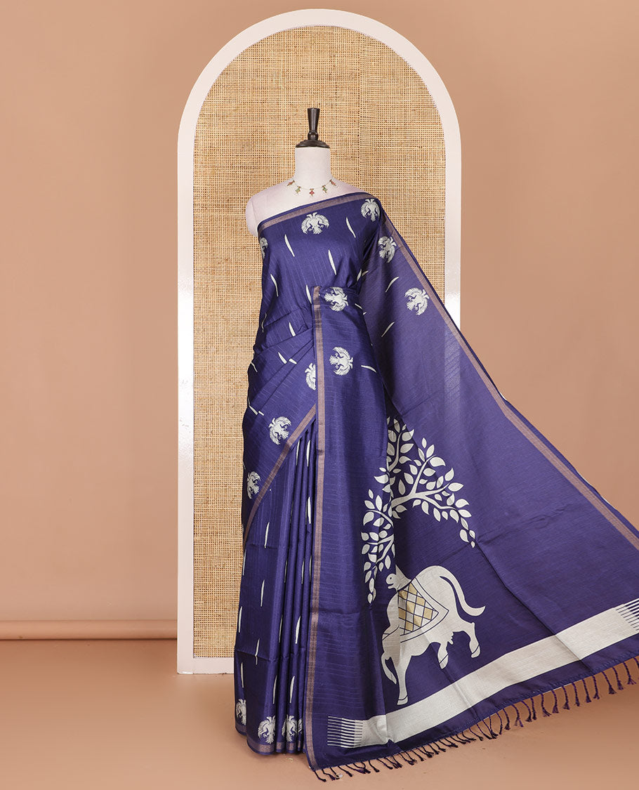 Blue jasmine bud motifs printed kathan silk saree, double-headed eagle motif zari piping border, pichwai cow printed pallu, and floral printed blouse