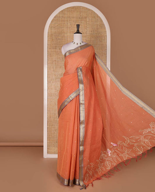 Rust buttas Mangalagiri cotton saree, contrast traditional zari border, floral vine with bird embroidered pallu, and matching blouse