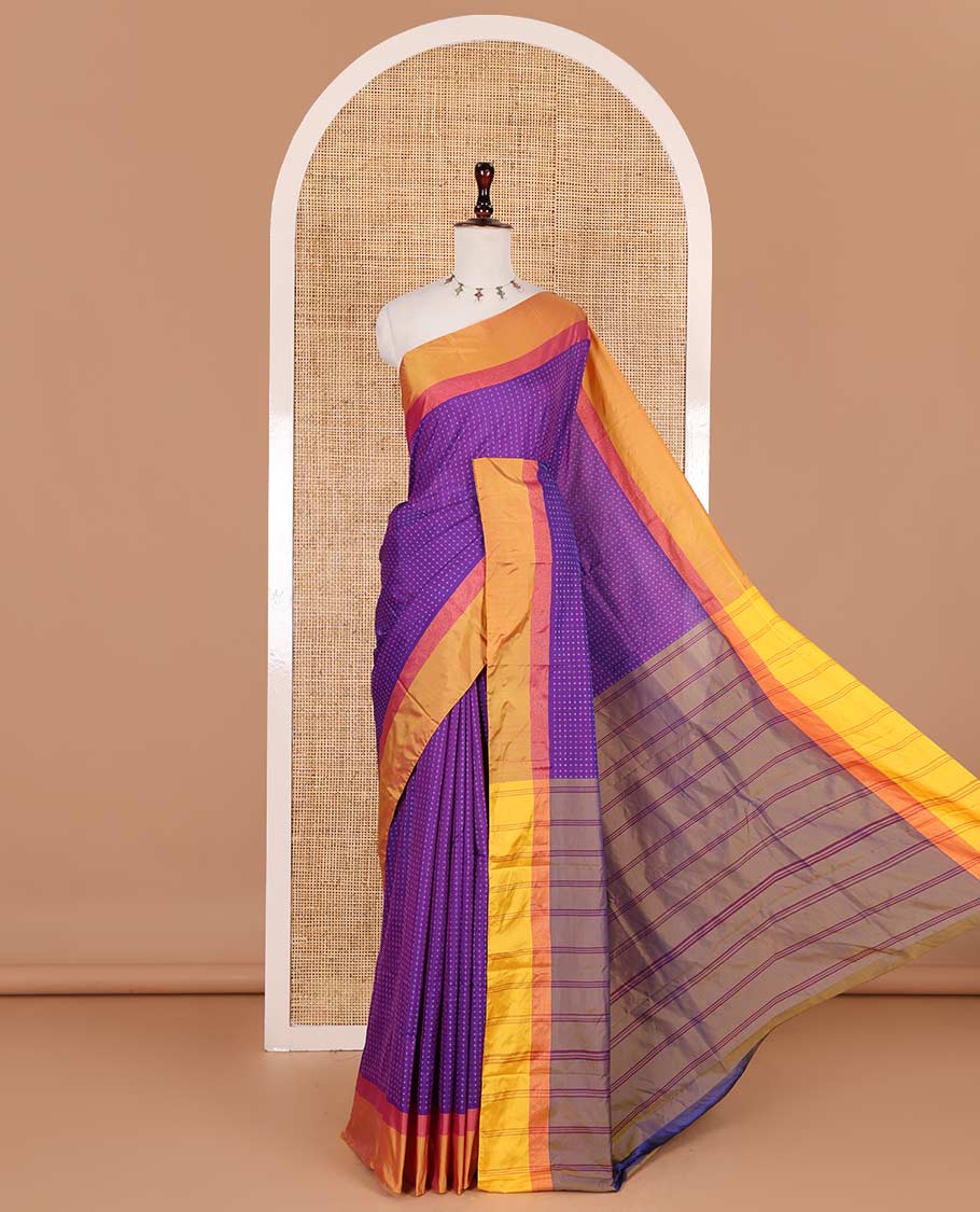 Violet-gold plus-shaped buttas steeped semi-soft silk saree, contrast satin border of stripes, striped pallu, and contrast blouse