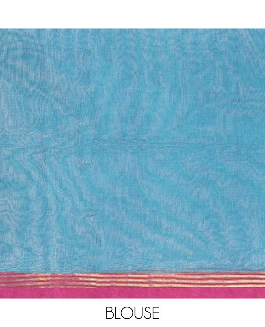 Blue buttas & stripes Coimbatore cotton saree, contrast plain border & tree motifs pallu