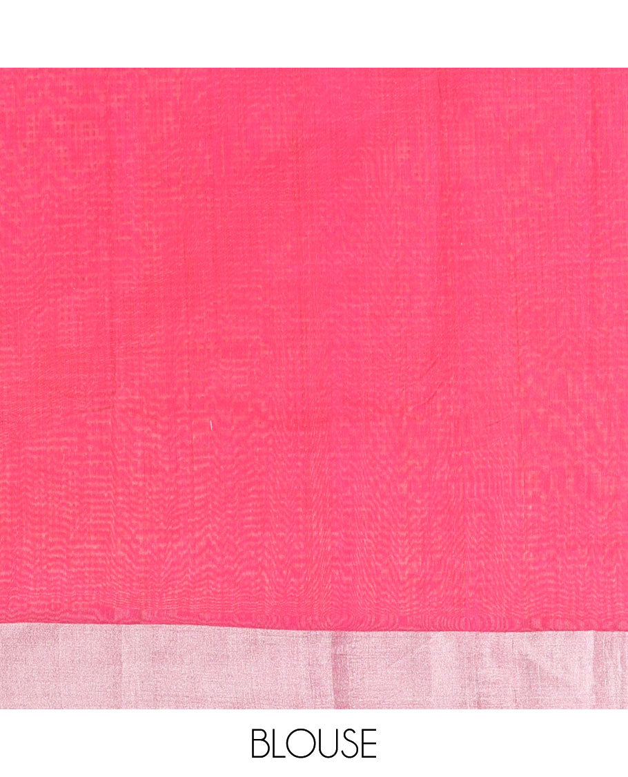 Red parrot motifs chanderi cotton saree with self zari border & striped pallu