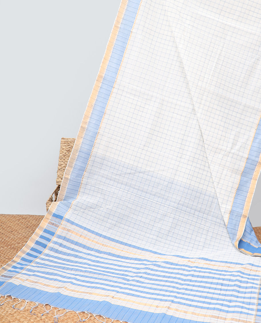 White checked mangalagiri cotton saree contrast striped, temple border & checked pallu