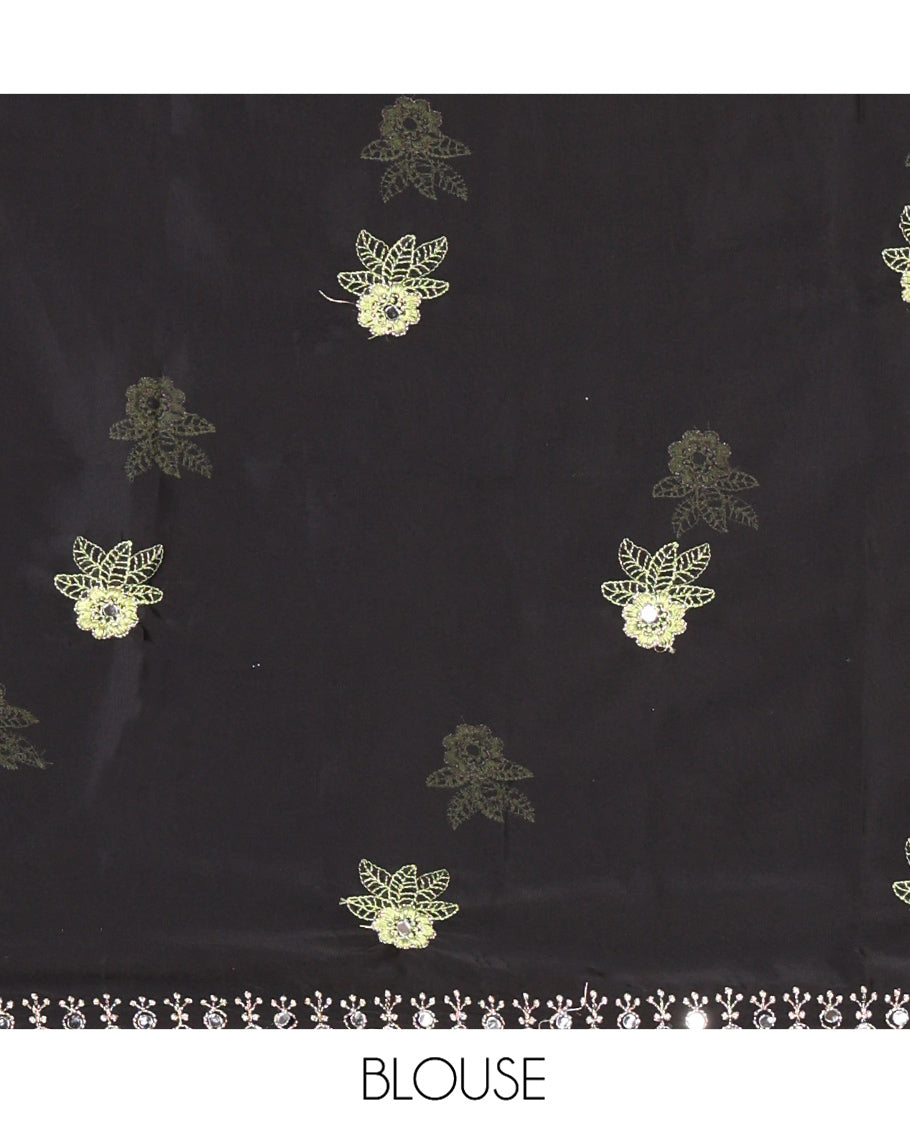 Green Rangoli Chiffon Saree, Elevated with Flower-Style Motifs Embroidered on Its Body, a Subtle Scallop Embroidered Border, a Self-Pallu, and Paired with a Contrast Embroidered Blouse