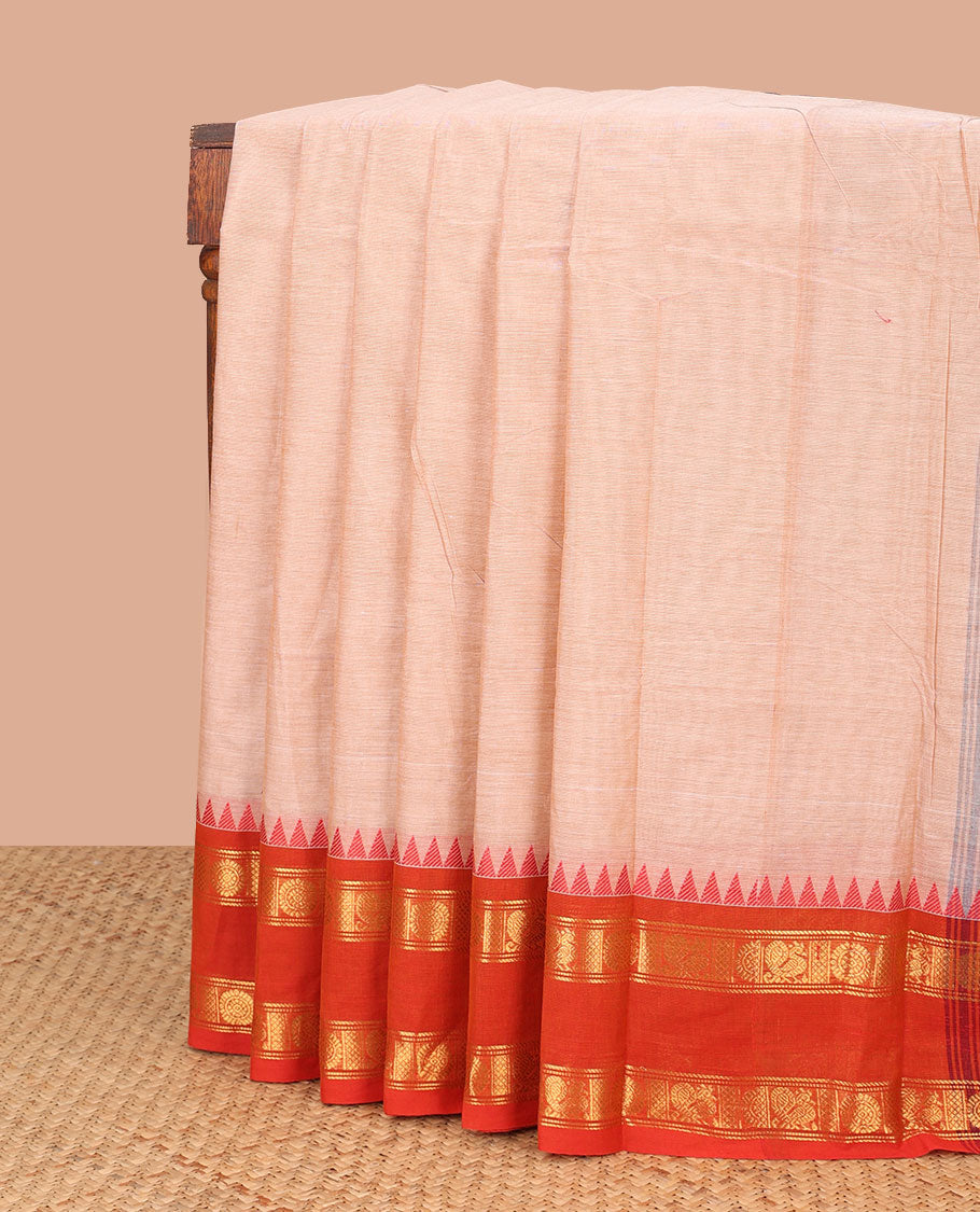 Baby pink chettinad cotton saree with contrast ganga jamuna zari design border & striped pallu