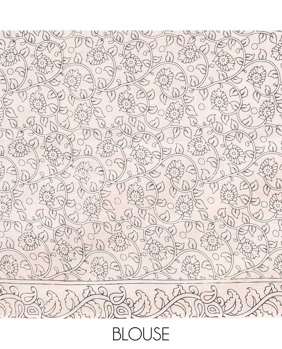 Orange floral machine-printed kalamkari cotton saree, contrast chevron & floral border & paisley & diamond pallu