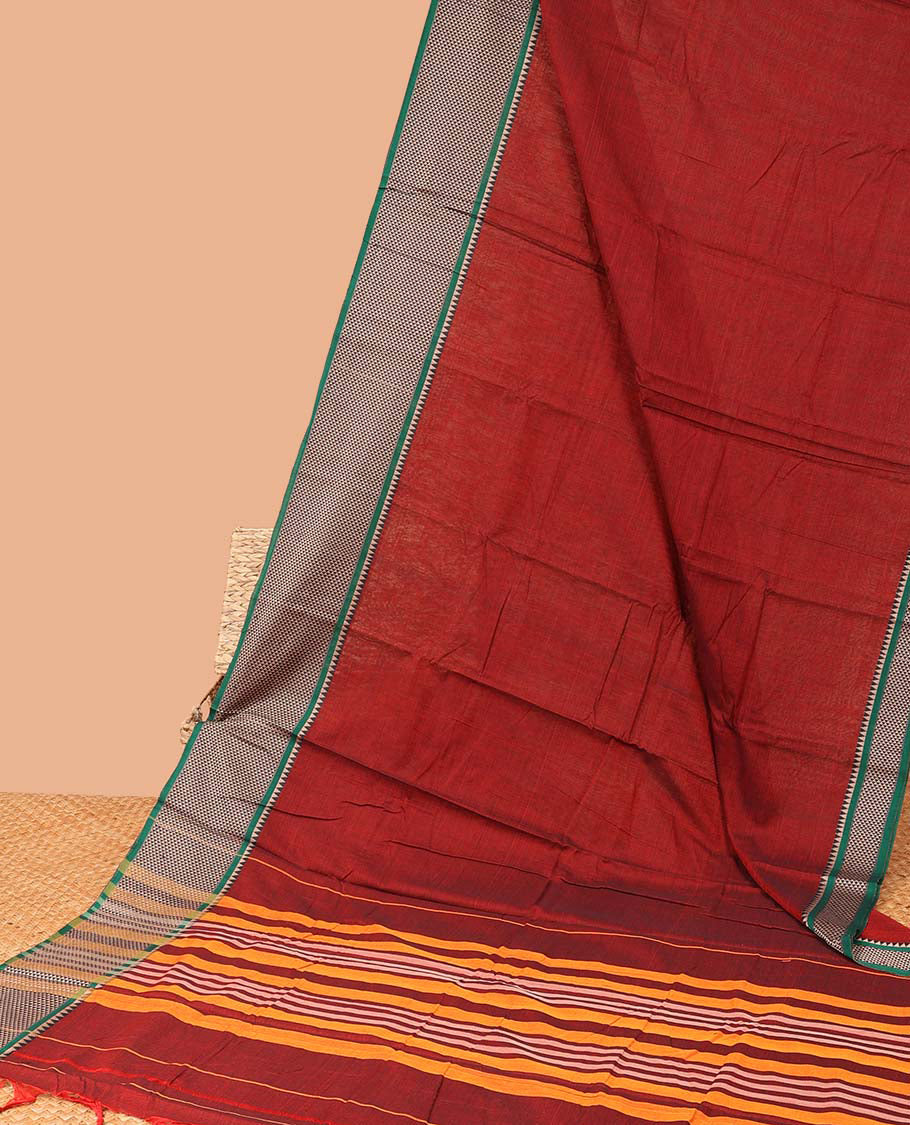 Red plain design Narayanapet cotton saree, contrast traditional design border & striped pallu