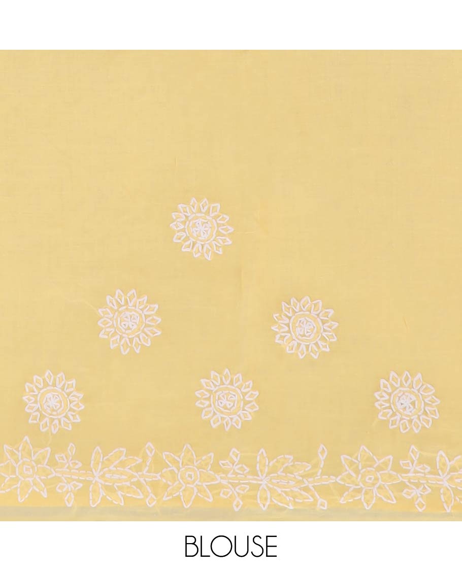 Yellow flower embroidery lucknowi chikankari cotton saree with leaf border & floral, paisleys embroidered pallu
