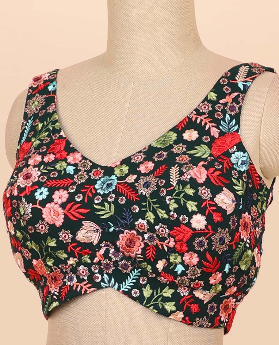 Dark green floral embroidered front & back deep v-neck raw-silk readymade sleeveless blouse