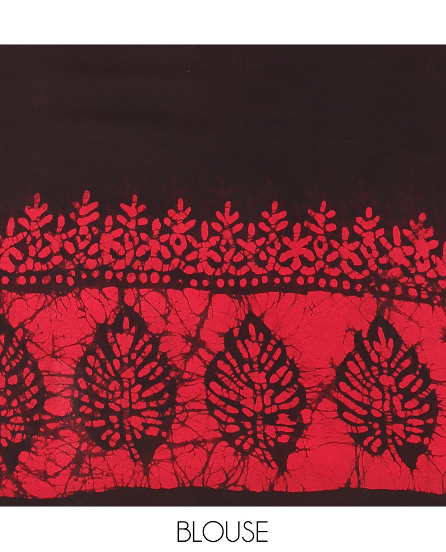 Black-Red Plain 60gm Georgette Saree, Double-Sided Batik Printed Border, Batik Printed Pallu, and a Matching Blouse