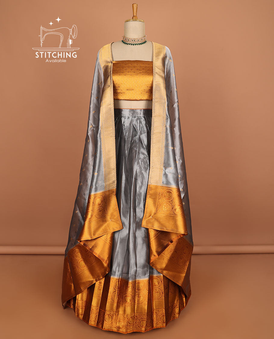 Grey floral buttas half saree with contrast zari border, zari design blouse & floral buttas dhavani