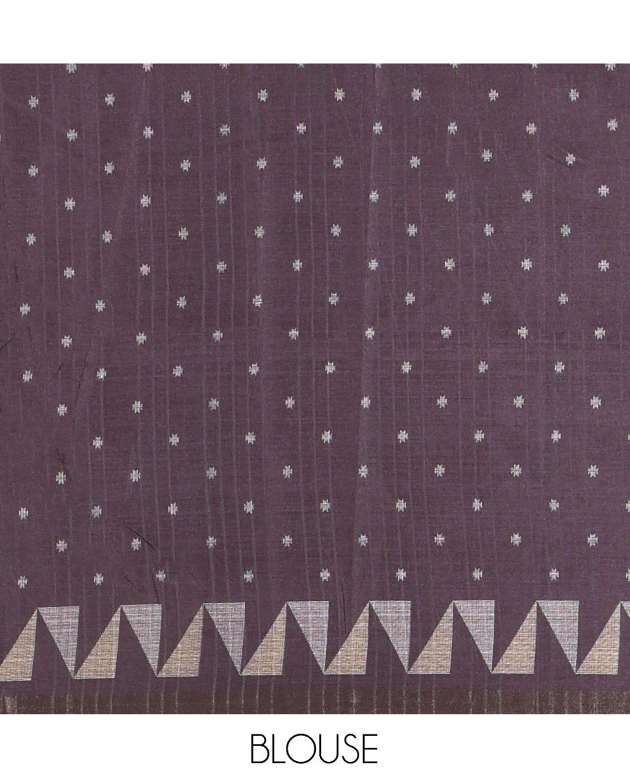 Chikku Katan Silk Saree, Detailed with Temple and Coin Buttas on Its Body, Complemented by Contrast Border of Temple Designs, Pallu of Temple Designs, and Paired with a Contrast Blouse