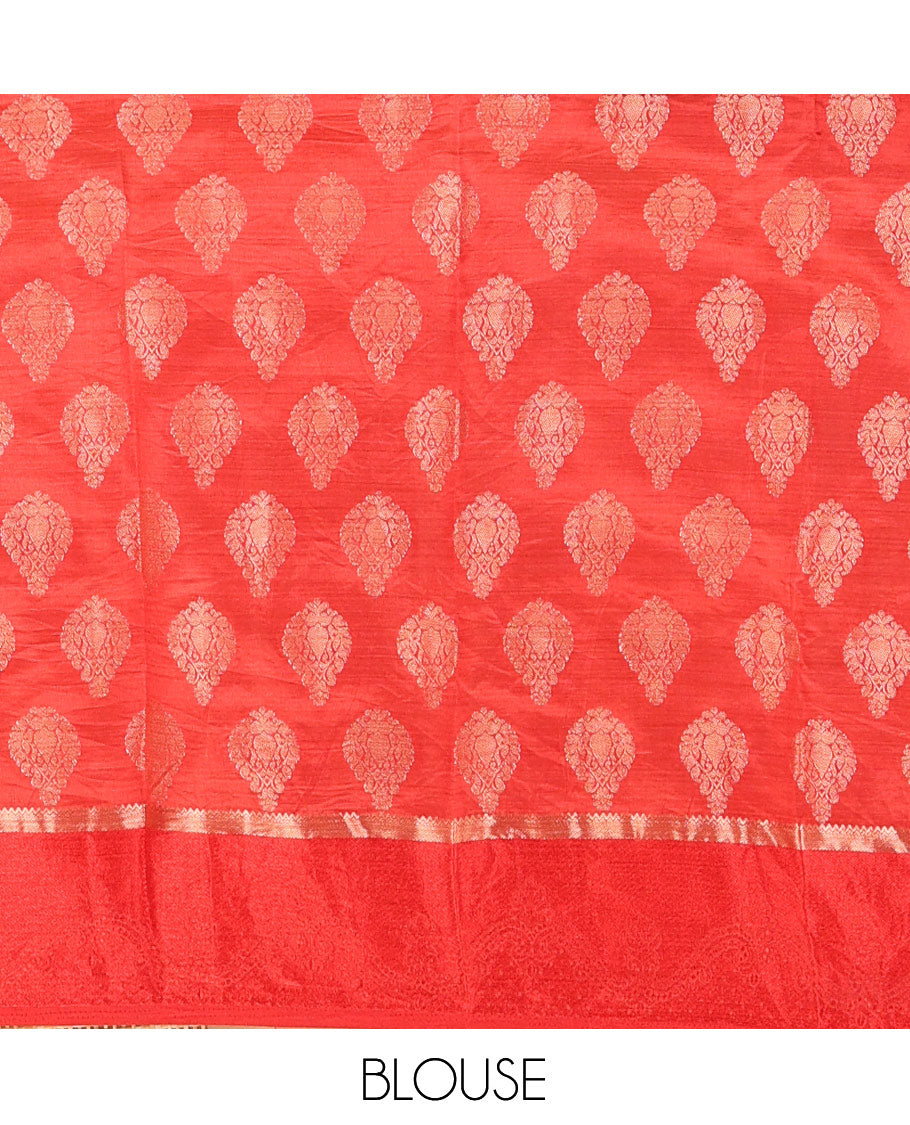 Red Semi-Tussar Saree, Spotlighted with Zari Buttas, a Satin Embossed Border, Gleaming Pallu, and a Matching Blouse