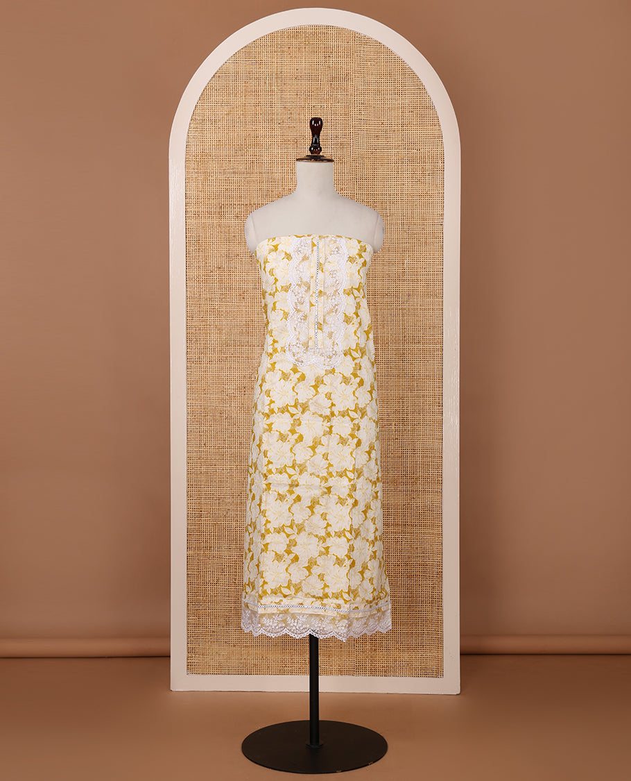 Mustard cotton chudidar material set,floral print with daman floral neck embroidery top,plain bottom & floral jaal embroidery dupatta
