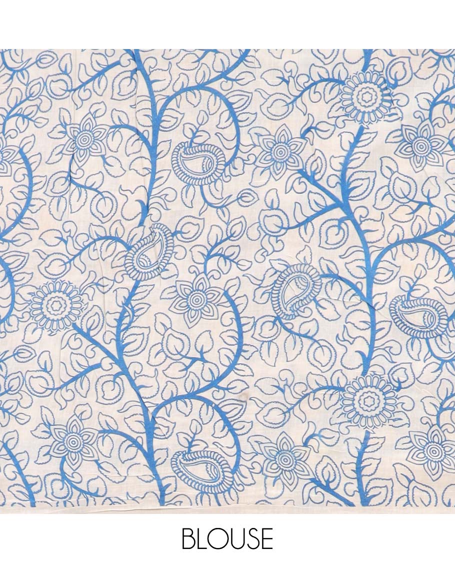 Crream geometric desgn machine-printed kalamkari cotton saree with contrast floral design border & paisley design pallu